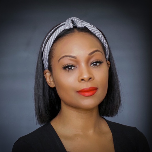 New black and white fabric print houndstooth top knot with leather headband - Picture 2 of 10